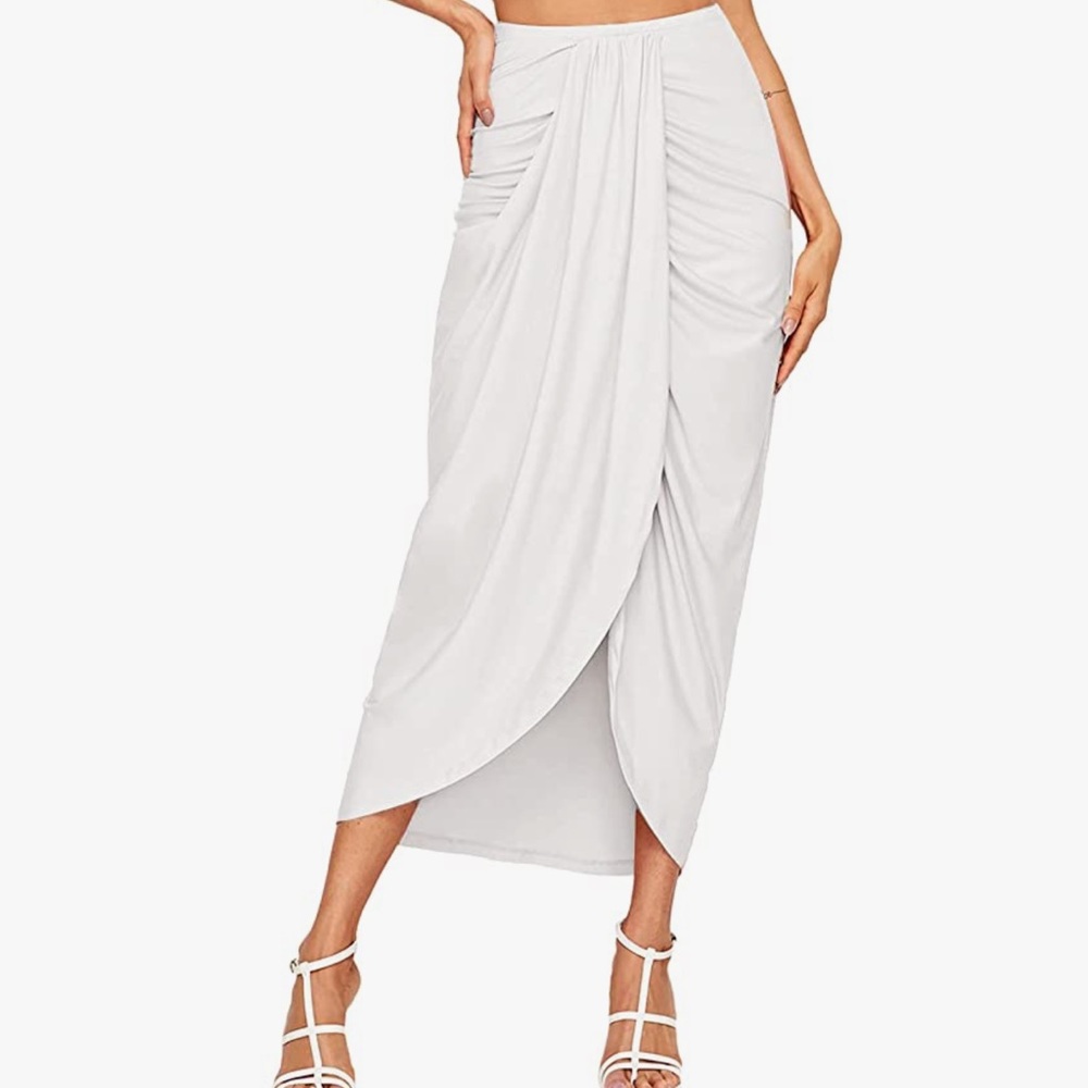 SheIn Women's Casual Slit Wrap Asymmetrical Elastic High Waist Maxi Draped Skirt